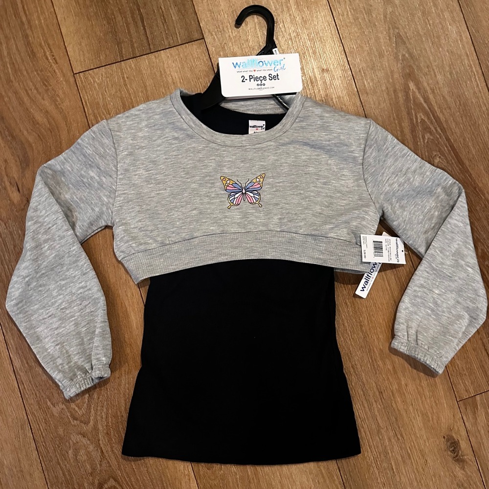 Wallflower Girl 2 Piece Set Grey Butterfly Crop Sweatshirt Black Tank Size S 7-8